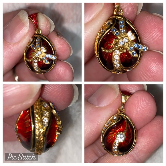 Vintage Jewelry - Vintage Enameled Russian Dragonfly 925 Gold Tone Faberge Style Egg Pendant